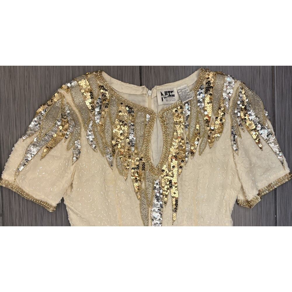 Vintage Niteline Ivory Beaded Mini Silk Dress Size 4 Lined Sheath Gold/Silver - Picture 2 of 5